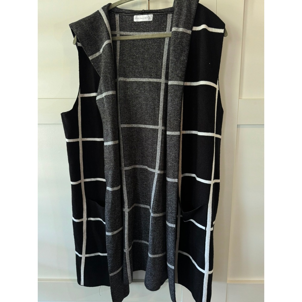 Retrology Womens XL Black White Windowpane Plaid Hooded Longline‎ Cardigan Vest